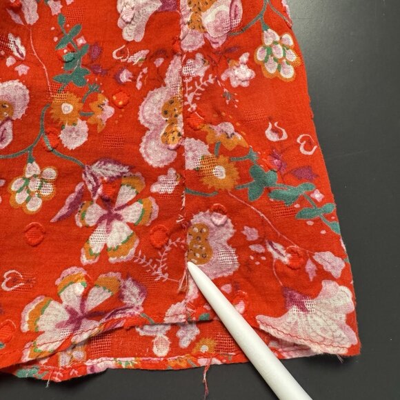 Q&A Women’s‎ 100% Cotton Red Floral Ruffle Short Sleeve Top Button V-Neck Blouse - Picture 12 of 13